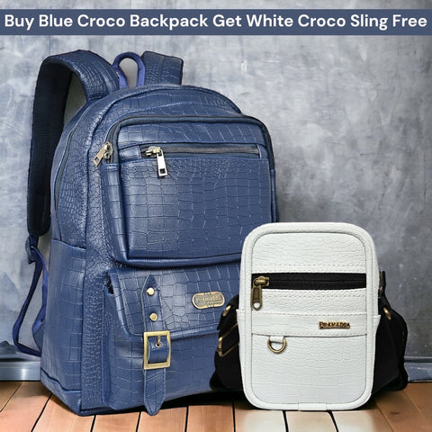 FESTIVE OFFER | Buy 1 Get 1 Free Sling |Blue Croco Backpack and White Croco Leather Sling Crossbody Bag.