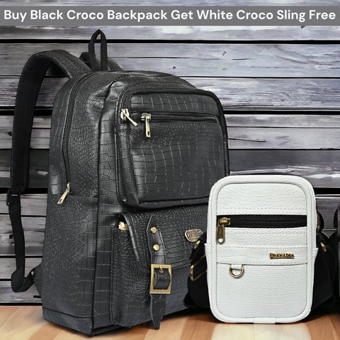 FESTIVE OFFER | Buy 1 Get 1 Free Sling | Black Croco Backpack and white Croco Leather Sling Crossbody Bag.