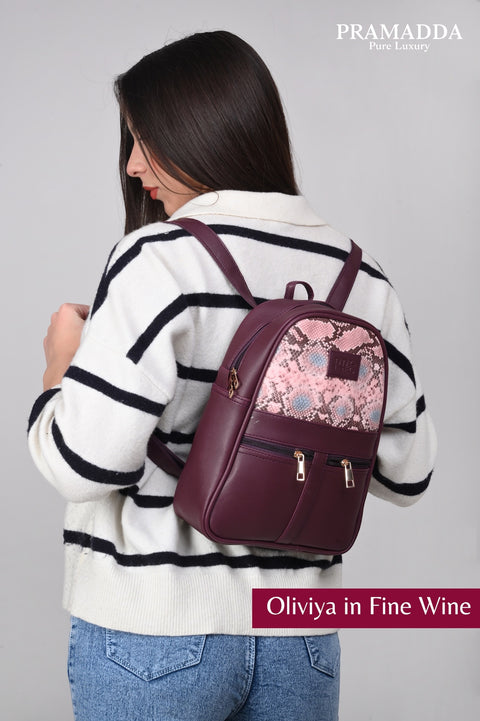 Oliviya Snake Print 12 Inch Mini Daypack Backpack for women ( Fine Wine )