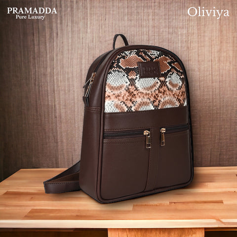 Oliviya Snake Print 12 Inch Mini Daypack Backpack for women (Chocolate Brown)