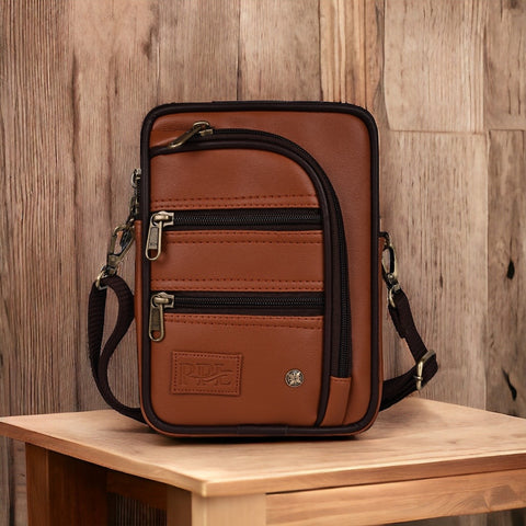 Tan 7 Zip Crossbody Sling Bag for Men