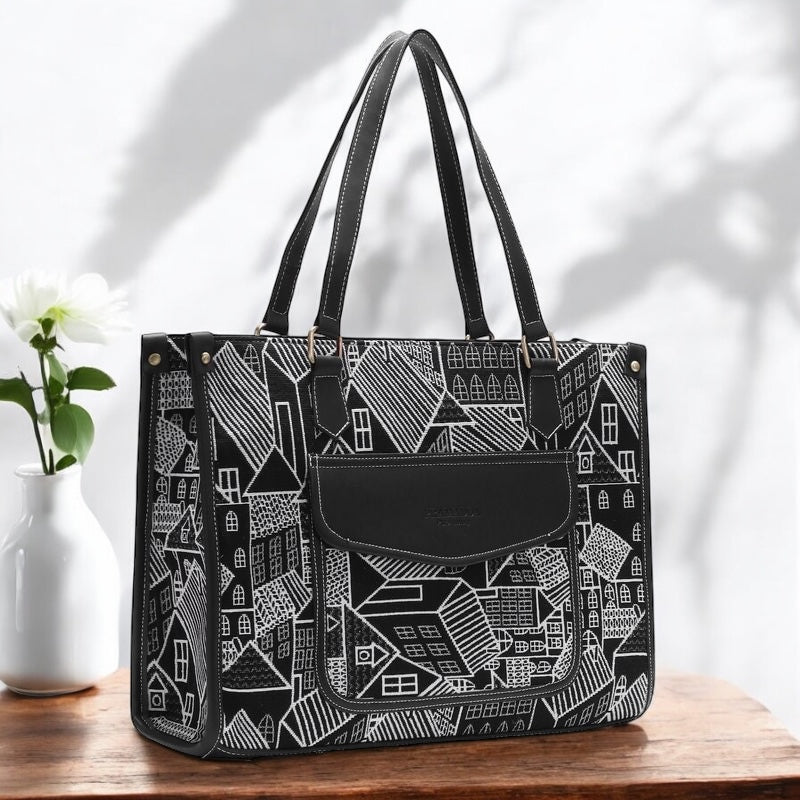 Black Geo Print Canvas Aisha Tote Bag- Clearance Sale