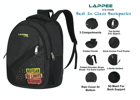 Lappee NO FEAR Midnight Black Casual Backpack with Rain Cover for Men Bagpack for College, Office, School