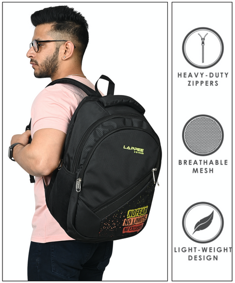 Lappee NO FEAR Midnight Black Casual Backpack with Rain Cover for Men Bagpack for College, Office, School