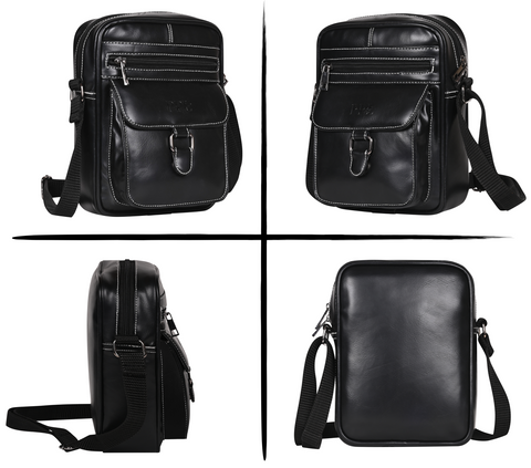 Elegant Black Vegan Leather POSH Sling mini Messenger Bag for Men Women Travel