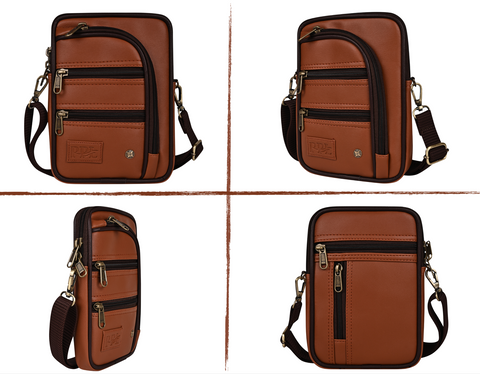 Tan 7 Zip Crossbody Sling Bag for Men