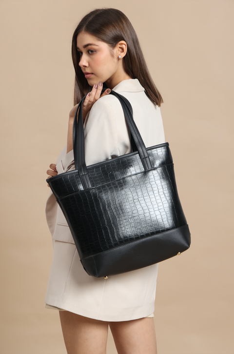 Keesha Black Croco Tote (15 Inch)