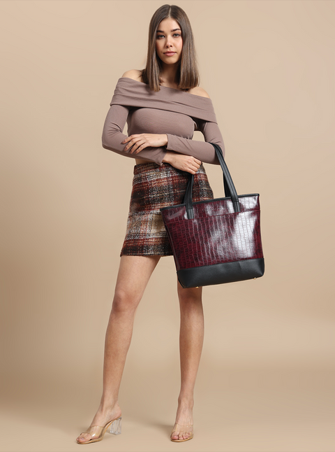 Keesha Maroon Croco Tote (15 Inch)