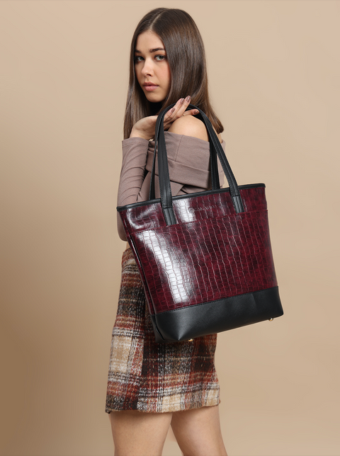 Keesha Maroon Croco Tote (15 Inch)