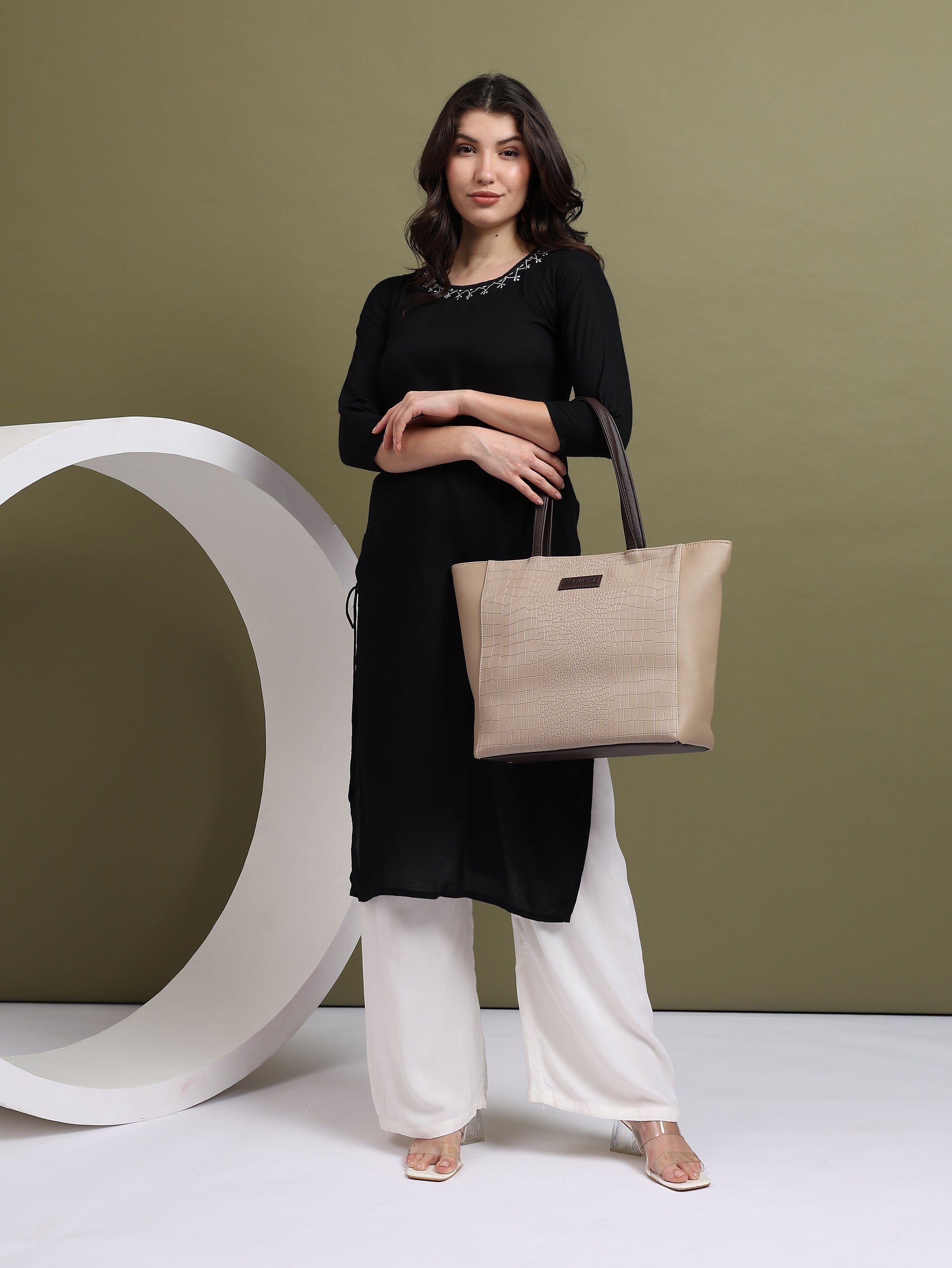 Champagne Croc-Embossed Vegan Leather Tote Bag