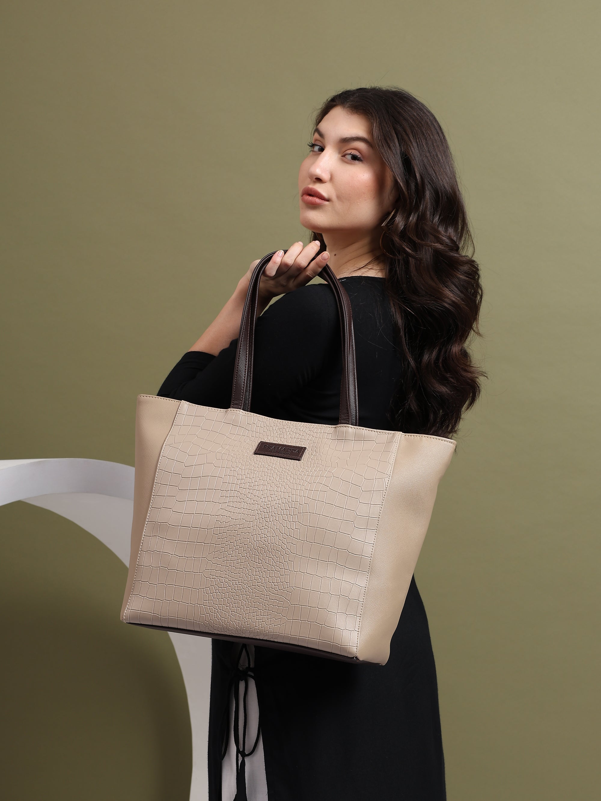 Champagne Croc-Embossed Vegan Leather Tote Bag
