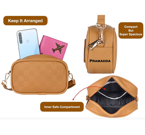 Classic Mustard check emboss crossbody sling cum waist bag for women