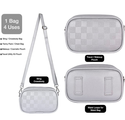 Classic Silver check emboss crossbody sling cum waist bag for women