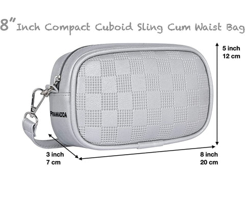 Classic Silver check emboss crossbody sling cum waist bag for women