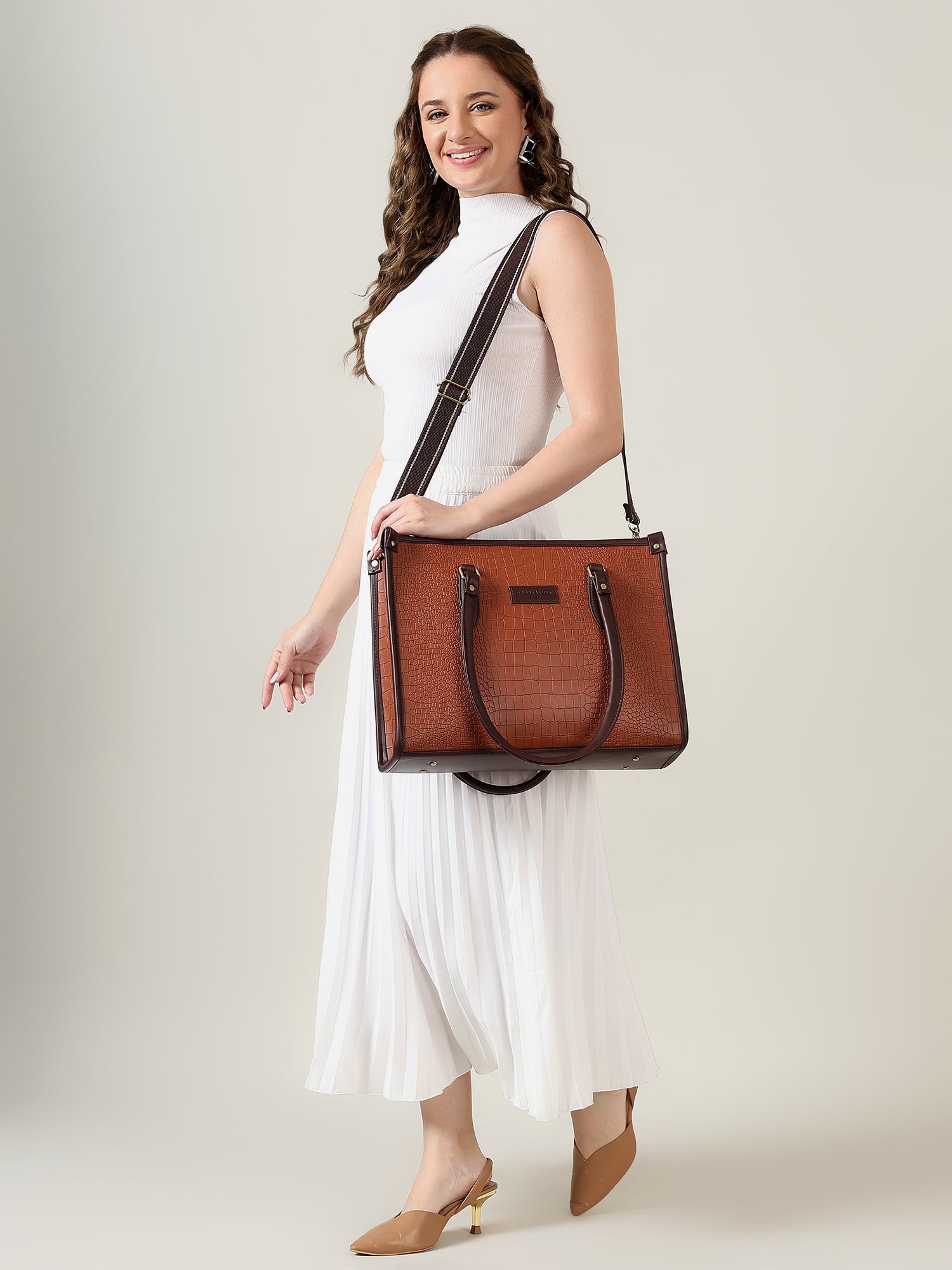 Tan Croc-Embossed Vegan Leather Tote Bag