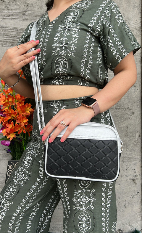 Elegant Black Dual Tone Check Emboss crossbody Sling bag for women