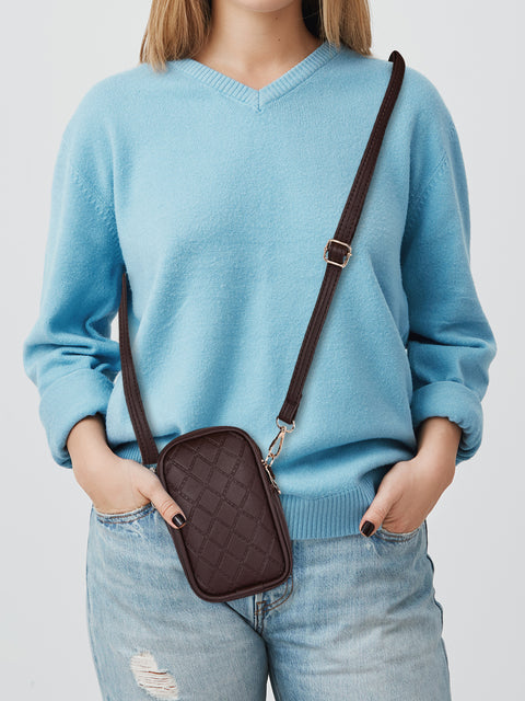 Pramadda Pure Luxury Top Grain Vegan Leather Mobile Sling Bag For Women Stylish | Small Mini Side Crossbody Side Bag | Travel Handbag Pouch Purse | Diamond Web Emboss Design. ( Chocolate Brown )