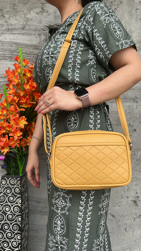 Classic Mustard Faux Leather Emboss Sling Bag | Side Crossbody Shoulder Bag | 9 x 6 x 2 inch.