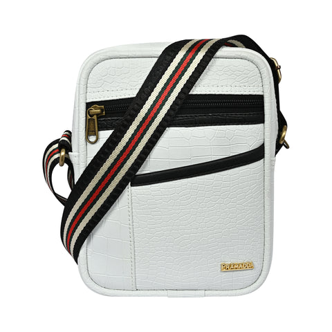Stylish shamrock white Croco Leather 9 inch Crossbody sling Bag For Men