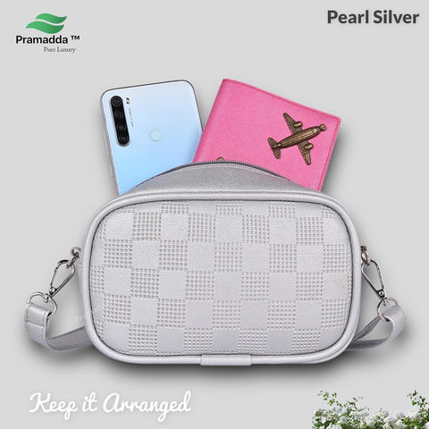 Classic Silver Check Emboss Crossbody sling cum waist bag for women