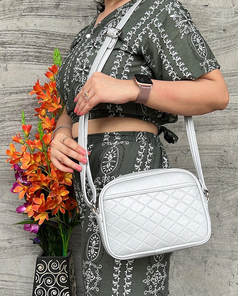 Classic Silver Dual Tone Check Emboss Sling crossbody bag for women