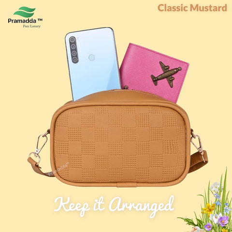 Classic Mustard Check Emboss Crossbody sling Cum waist bag for women