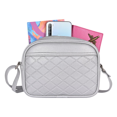 Classic Silver Dual Tone Check Emboss Sling crossbody bag for women