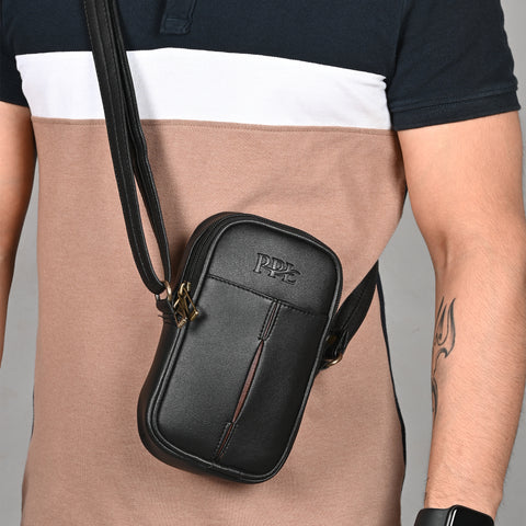 Pramadda Pure Luxury Classic Black Turkey Faux Leather Sling Bag For Men Women | Mobile Side Crossbody Bags | Best Sling Bag For Daily Use Morning Walks.