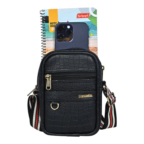 Stylish Classy Black Croco Leather 9 Inches  mini Crossbody bag for men