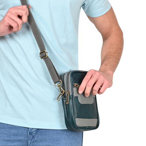 Stylish turquoise green milano Dual compartment leather sling bag for men and women