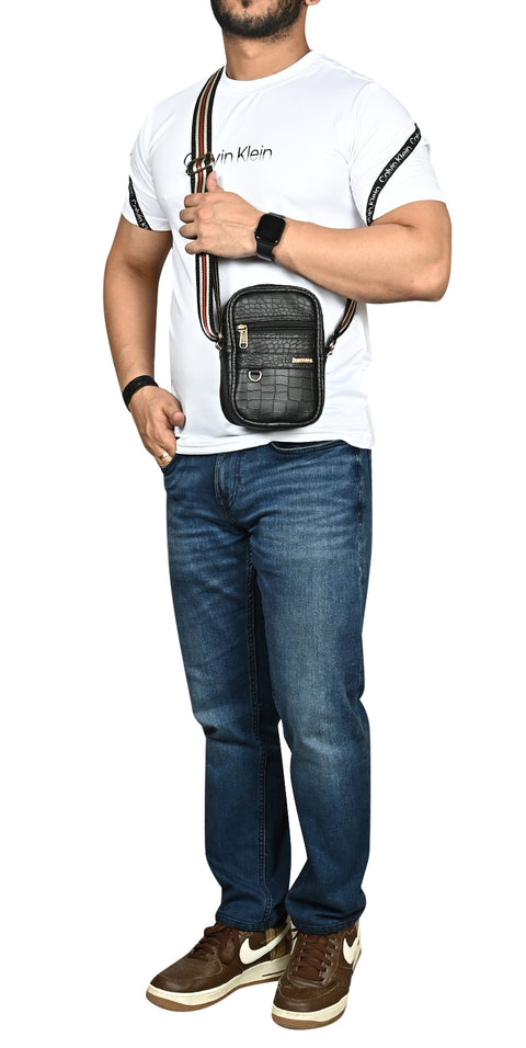 Classic Black Croco Leather 9 inch Sling Bag For Men Chest Crossbody Side Bag Corporate gift item