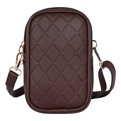 Pramadda Pure Luxury Top Grain Vegan Leather Mobile Sling Bag For Women Stylish | Small Mini Side Crossbody Side Bag | Travel Handbag Pouch Purse | Diamond Web Emboss Design. ( Chocolate Brown )