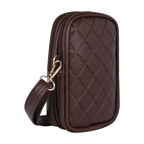 Pramadda Pure Luxury Top Grain Vegan Leather Mobile Sling Bag For Women Stylish | Small Mini Side Crossbody Side Bag | Travel Handbag Pouch Purse | Diamond Web Emboss Design. ( Chocolate Brown )