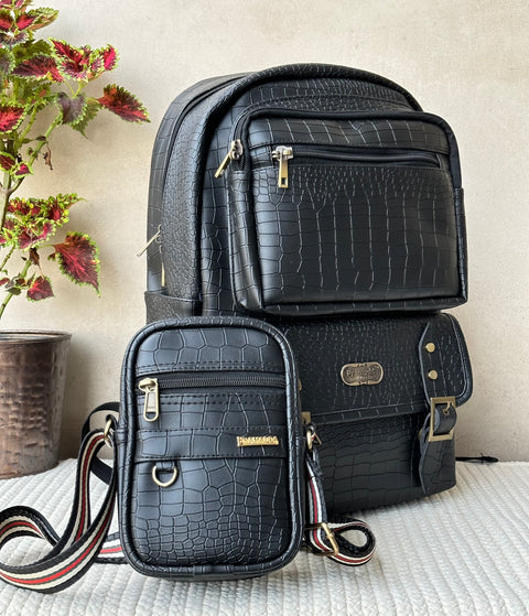 Classic Italia Croco Leather 25L Casual Laptop Backpack Plus Crossbody Sling Combo For Men And Women (Shamrock Black)
