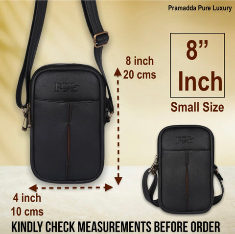 Pramadda Pure Luxury Classic Black Turkey Faux Leather Sling Bag For Men Women | Mobile Side Crossbody Bags | Best Sling Bag For Daily Use Morning Walks.