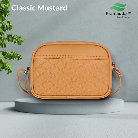 Classic Mustard Faux Leather Emboss Sling Bag | Side Crossbody Shoulder Bag | 9 x 6 x 2 inch.