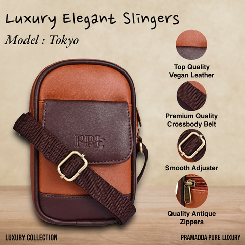 Classic Tan Brown Dual Tone Tokyo Mobile Sling Bag For Men and Women.