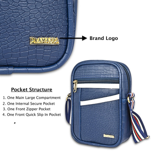 Stylish Elegant Blue Croco Leather 9 inch Crossbody sling Bag For Men