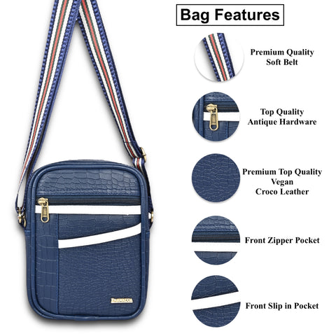 Stylish Elegant Blue Croco Leather 9 inch Crossbody sling Bag For Men