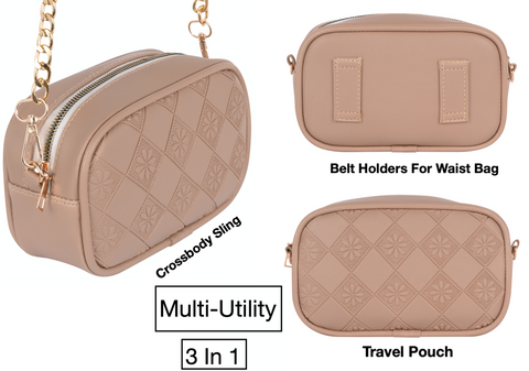 Classic Beige Flower Crossbody Sling Bag Cum Waist Bag For Women