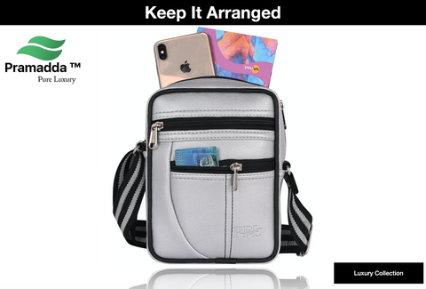 Pramadda Pure Luxury Paris Sling Bag for Men Women | Side Crossbody Travel Bag | Top Grain Vegan Leather Supreme Quality Tourister Bag. ( Mercury Silver )