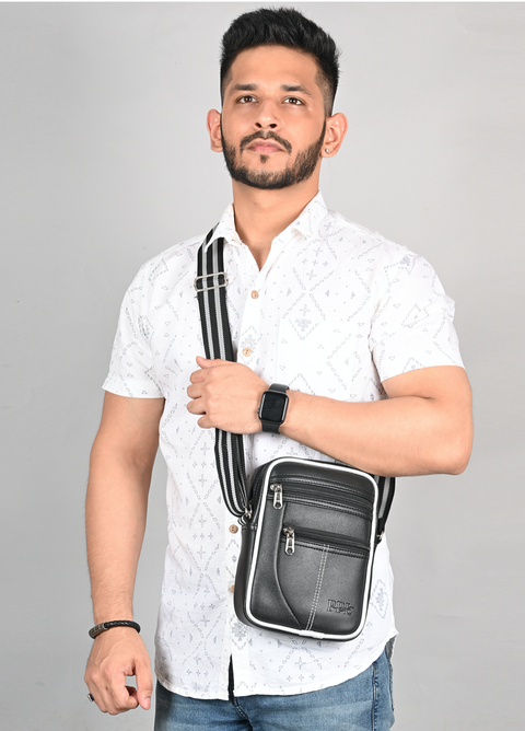 Pramadda Pure Luxury Paris Vegan Leather Sling Bag For Men Women | Side Crossbody Travel Bag | Top Grain Vegan Leather Supreme Quality Tourister Bag. ( Classic Black )