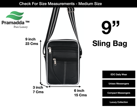 Pramadda Pure Luxury Paris Vegan Leather Sling Bag For Men Women | Side Crossbody Travel Bag | Top Grain Vegan Leather Supreme Quality Tourister Bag. ( Classic Black )