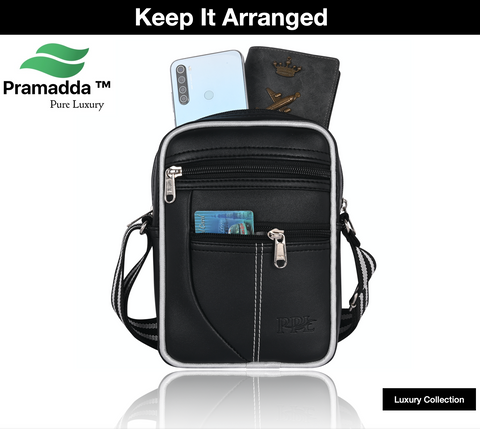 Pramadda Pure Luxury Paris Vegan Leather Sling Bag For Men Women | Side Crossbody Travel Bag | Top Grain Vegan Leather Supreme Quality Tourister Bag. ( Classic Black )