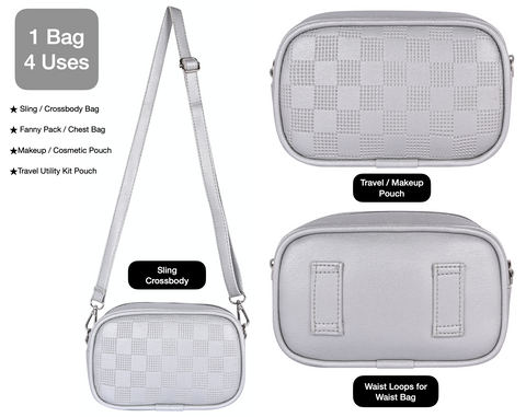 Classic Silver Check Emboss Crossbody sling cum waist bag for women