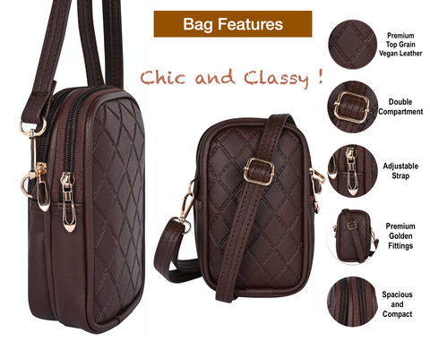 Pramadda Pure Luxury Top Grain Vegan Leather Mobile Sling Bag For Women Stylish | Small Mini Side Crossbody Side Bag | Travel Handbag Pouch Purse | Diamond Web Emboss Design. ( Chocolate Brown )