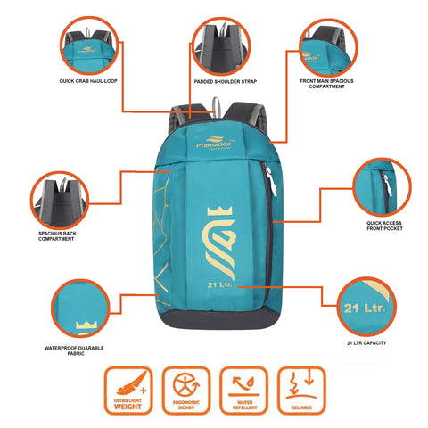 Pramadda Pure Luxury GOLD 21 L Turquoise Green Casual Everyday Backpack For Men Women | Mini Bags For Boys Girls | School College Travel Sports (45 X 29 X 22 Centimetres)